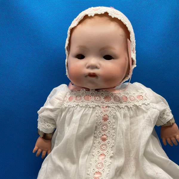 c 1900 Armand Marseille German Bisque-head 'My Playmate' 14-inch doll, male?  In baptismal gown, marked, fair, truly charming + precious!