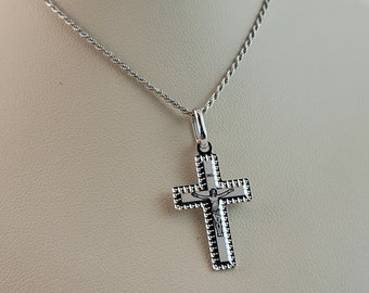 Dainty Cross Crucifix Jesus Necklace , Solid Silver Cross Chain, INRI Cross Pendant, Same day Shipping, Christmas Gift.