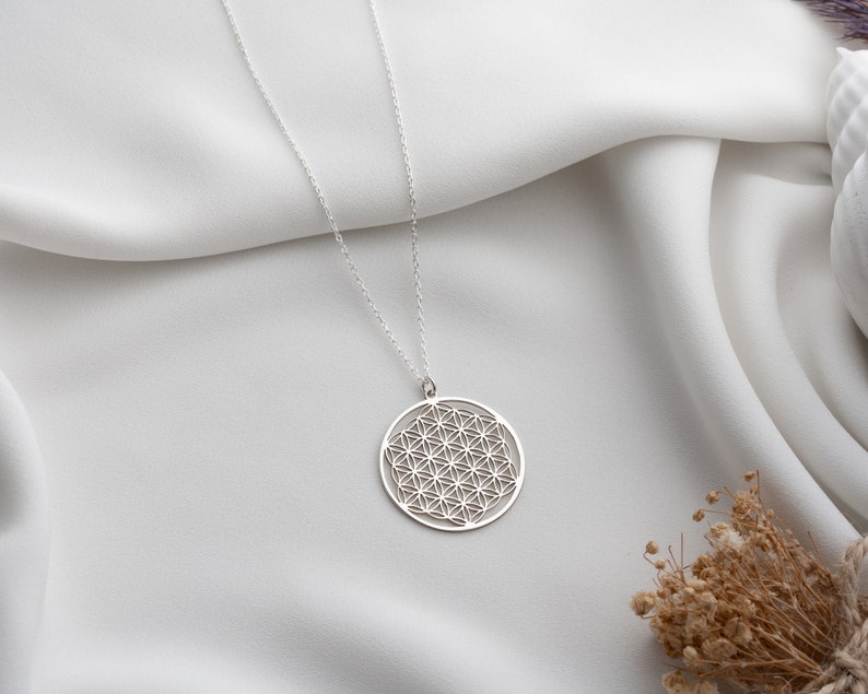 Flower of Life Silver Necklace, Life Flower Chain, Sacred Geometry Pendant, Moms Gift. Silver