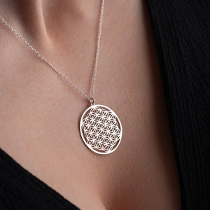 Flower of Life Silver Necklace, Life Flower Chain, Sacred Geometry Pendant, Moms Gift.