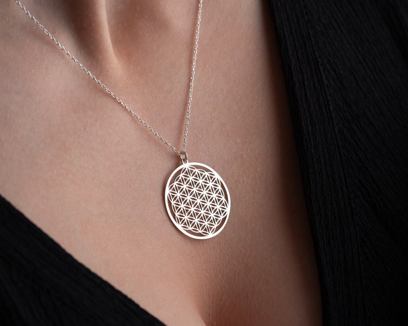 Flower of Life Silver Necklace, Life Flower Chain, Sacred Geometry Pendant, Moms Gift.