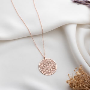 Flower of Life Silver Necklace, Life Flower Chain, Sacred Geometry Pendant, Moms Gift. Rose gold