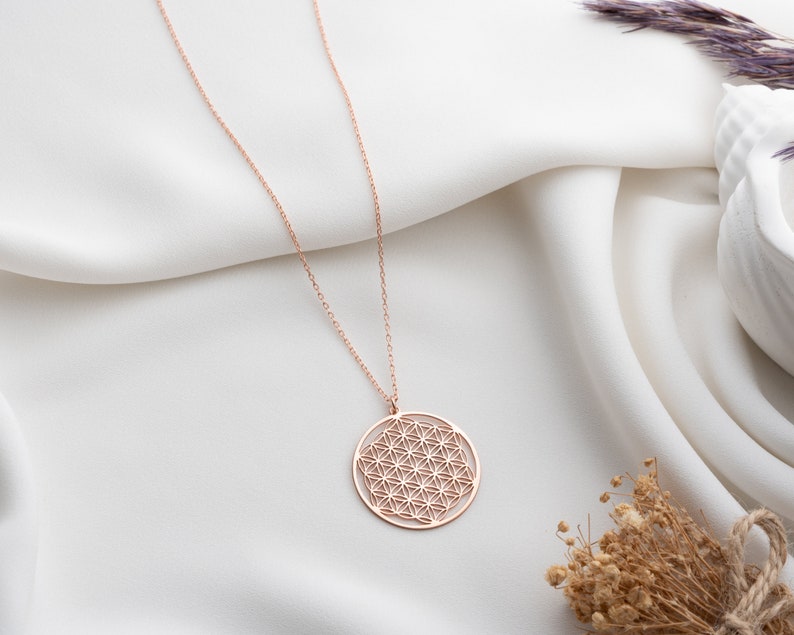 Flower of Life Silver Necklace, Life Flower Chain, Sacred Geometry Pendant, Moms Gift. Rose gold