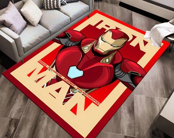 May include: Red and beige area rug with a cartoon image of Iron Man in a red and silver suit. The text "IRON MAN" is written in large letters on the rug. The text "GENIUS - BILLIONAIRE - PLAYBOY - PHILANTHROPIST" is written in smaller letters below the image.