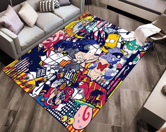 May include: A colorful rug with a cartoon design featuring characters like SpongeBob SquarePants, Bart Simpson, and Mario. The rug has a black background with yellow, red, blue, and green accents.