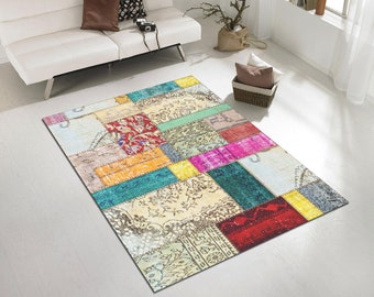 Colorful Patchwork Cotton Rug, Modern Aesthetic Decor