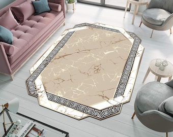 Gold Marble Framed Rug, Washable Cotton Area Rug
