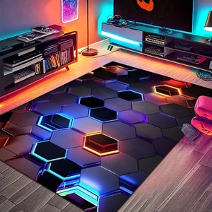 Gamer Rug,Geometric Rug,Gaming Rug,Play Room Rug,Colorful Rug, Neon Decor, Colorful Rug, Neon Look Rug, E-Sport Rug,Area Rug, Gaming Gifts