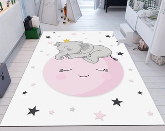 Elephant Nursery Rug, Moon and Stars, Kids Room Decor