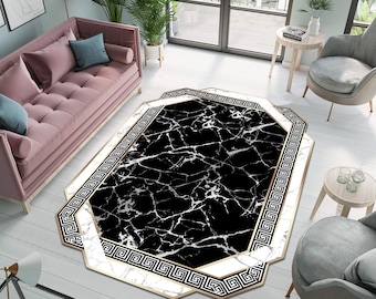 Framed Rug, Black Marble Rug, Marble Pattern Rug, Home Decor , Salon Rug, Living Room Rug,Washable Rug, Aesthetic Rug, Bedroom Rug