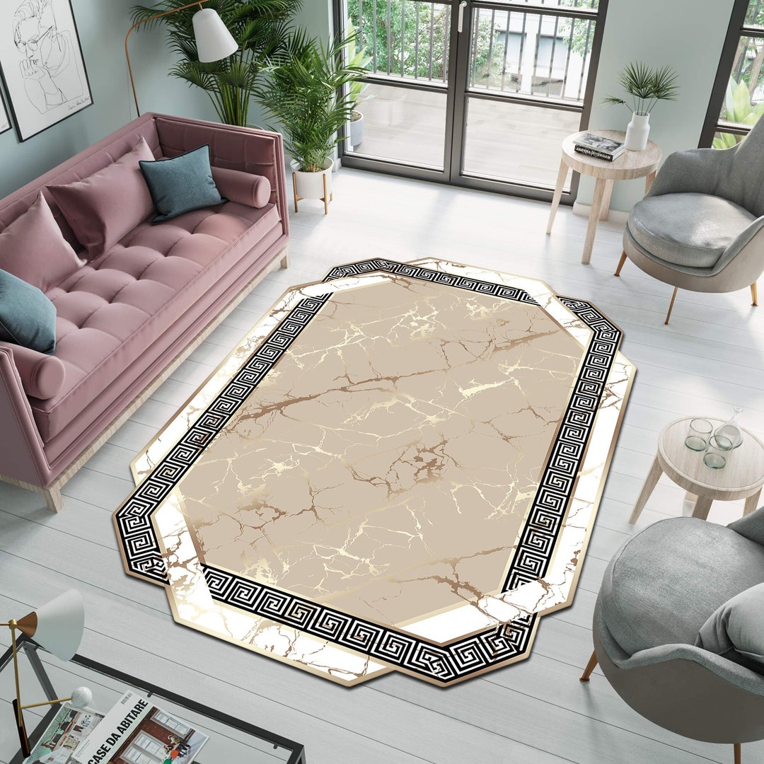 Framed Rug, Gold Marble Rug, Marble Pattern Rug, Home Decor , Salon Rug
