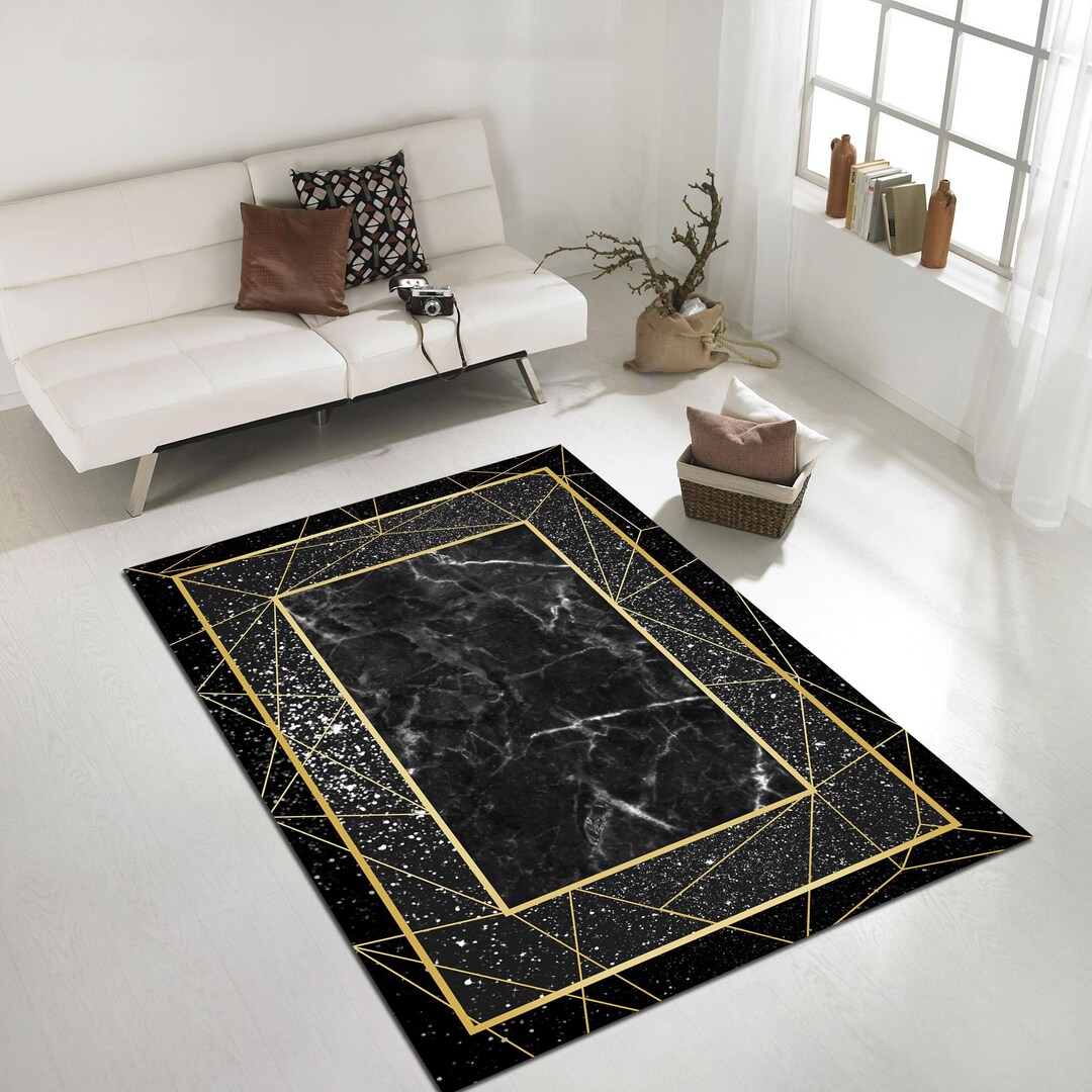 Black Marble Rug,gold Detailed Rug,black Rug,living Room Rug,modern Rug ...