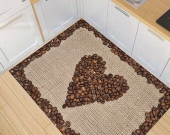Alfombra de cocina con estampado de corazones de café, antideslizante y lavable