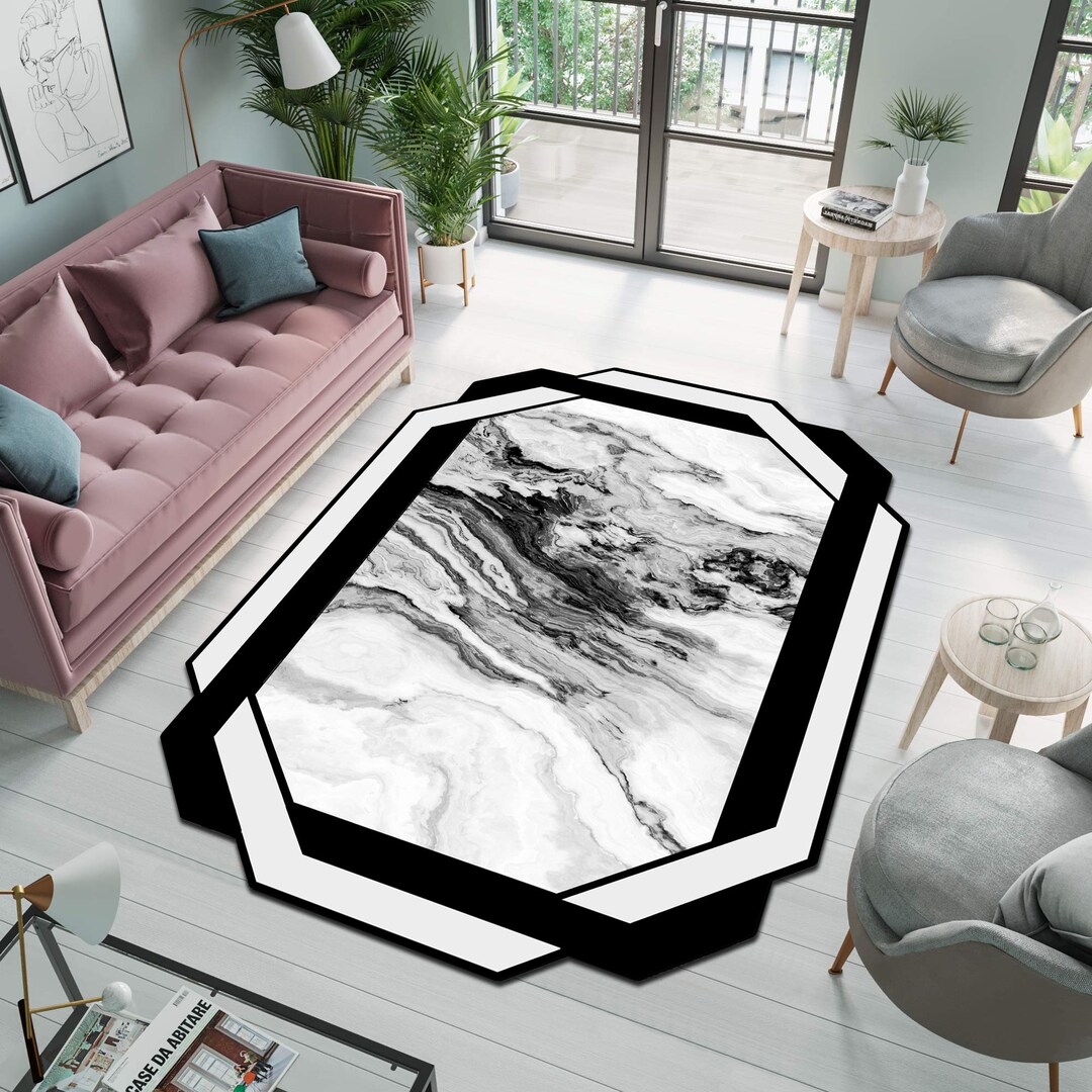 Framed Rug, Black Detailed Marble Rug, Marble Pattern Rug, Home Decor ...