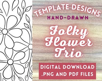 Folky Flower Trio PNG Digital File // Art Patterns, Pyrography Templates, Wood burning Design PDFs