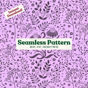 May include: A seamless pattern featuring a repeating design of stylized purple flowers and leaves on a light purple background. The text "Seamless Pattern" is displayed in green letters with the words "300 DPI | 12"X12" | HIGH QUALITY PNG FILE" below it.