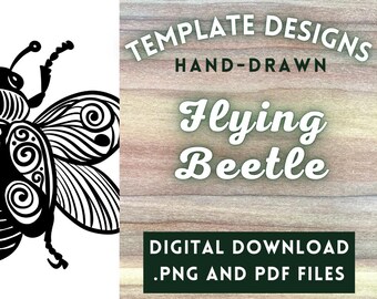Flying Folk Beetle PNG Digital File // Art Patterns, Pyrography Templates, Wood burning Design PDFs