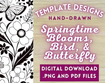 Springtime Flowers Bird Butterfly PNG Digital Files // Art Patterns, Pyrography Templates, Wood Burning Design PDFs