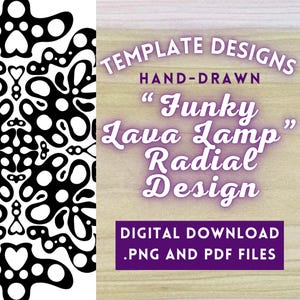 May include: Black and white hand-drawn design of a radial pattern with a funky lava lamp theme. The design is labeled "Funky Lava Lamp Radial Design" and "TEMPLATE DESIGNS HAND-DRAWN".