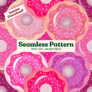 May include: Seamless pattern featuring donuts in shades of pink and purple with white sprinkles. The donuts have a light-colored frosting and a hole in the center. The words "Seamless Pattern" are displayed on the image.