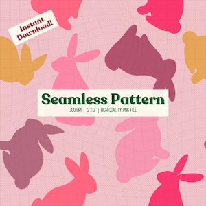 Peut inclure: Un motif sans couture avec des silhouettes de lapins roses, rouges et orange sur un fond rose clair. Le motif mesure 12 pouces sur 12 pouces et 300 DPI. Le texte "Seamless Pattern" est en vert avec les mots "300 DPI | 12"X12" | HIGH QUALITY PNG FILE" en dessous.
