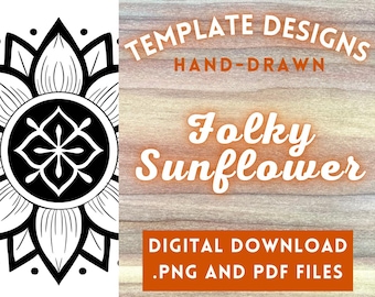 Folk Sunflower PNG Digital File // Art Patterns, Pyrography Templates, Wood burning Design PDFs