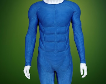 May include: A blue bodysuit with a textured pattern, displayed on a mannequin. The long-sleeved top and full-length pants feature padded areas to simulate muscle definition. The suit has a crew neck and is designed to fit snugly.