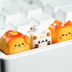 Cute Cake Keycap, Kawaii Animal Dessert Keycap Set - Butter Dog, Café Cat & Egg Yolk Cat, Handmade Keycaps for MX Cherry - Cute Gift for Her