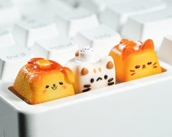 Süße Kuchen Tastenkappen, Kawaii Tier Dessert Tastenkappen - Butter Hund, Café Katze & Eigelb Katze, handgemachte Tastenkappen für MX Cherry - Süßes Geschenk für Sie