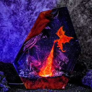 Dragon Resin Lamp, Handmade Fantasy Night Light, Fire-Breathing Diorama, Epoxy LED Lamp, Gift for Gamers, Mythical Decor Lovers