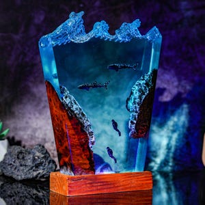 Ocean Whale Shark Resin Lamp, Diver Underwater Light, Epoxy Wave Scene Decor, Handmade Sea Lamp, Gift for Marine Lovers, Aquarium Lamp