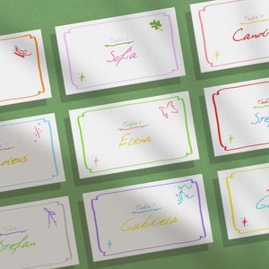 Modèles de marque-places pour menu de mariage, illustrations manuscrites et dessinées à la main, gribouillage, fantaisiste, modifiable, pastel, téléchargement numérique {CORJL}