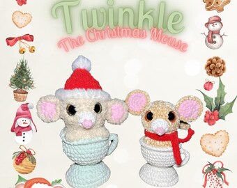 Cyfrowy PDF Twinkle the Christmas Mouse, amigurumi, słodki, średnio zaawansowany, zabawka szydełkowa, mysz, Boże Narodzenie LOW SEW