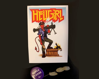 Könnte beinhalten: Ein Comic-Cover mit einer rothaarigen Frau mit Hörnern und einem Schwanz, die eine große Waffe hält. Der Titel des Comics lautet "HELLGIRL" in fetten, gelben Buchstaben.