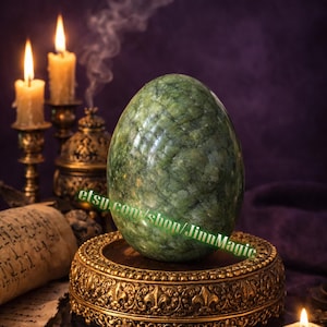Op de afbeelding: Een grote, groene, eivormige steen staat op een decoratieve gouden standaard. De steen heeft een gevlekt patroon. De standaard is versierd met een bloemmotief. De achtergrond omvat kaarsen en een rol. Tekst op de steen luidt "etsy.com/shop/JinnMagic".