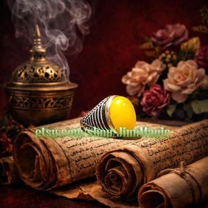 May include: A silver ring with a large, oval, yellow gemstone. The ring is set against a backdrop of antique scrolls, a decorative incense burner, and flowers. The ring's band has a black and silver striped design.