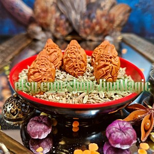 May include: A red and black bowl filled with brown carved figurines and seeds. The figurines are in the shape of a bearded man. The bowl is surrounded by star anise, purple berries, and other decorative items. The text "etsy.com/shop/TinyMagic" is visible.