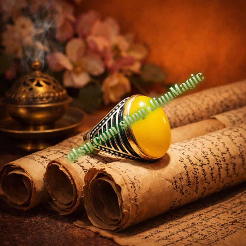 May include: A silver ring with a large, oval, yellow gemstone. The ring has a detailed black and silver band. The ring is displayed on a scroll of aged paper, with a golden incense burner and flowers in the background.