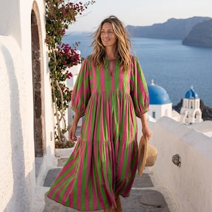 pink green stripe linen dress Linen Blend Green Stripe Printed Shift Mini Dress