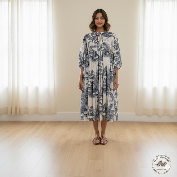 cotton balloon sleeve dress Long Comfort-fit Pure Cotton Balloon Sleeves Summer Blockprint Dress in Blue & White Floral Garden
