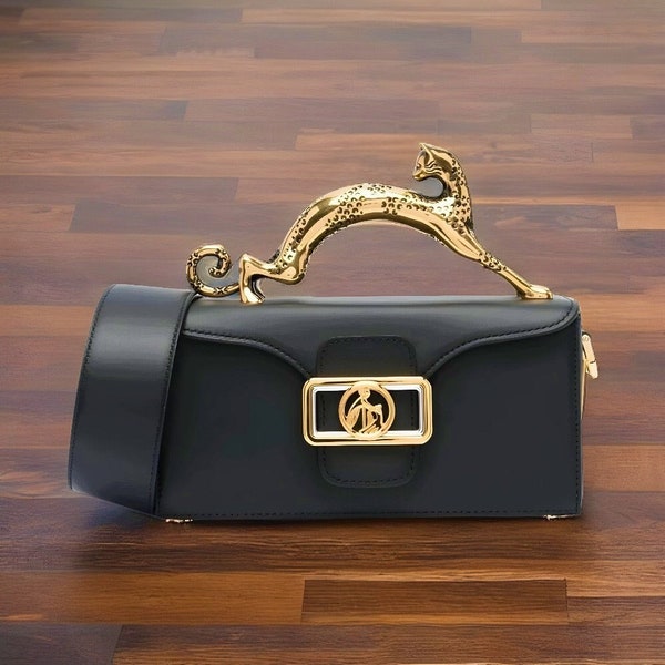 French Lanvin Rectangular Designer Handbag For Women|Lanvin Black Small Luxury Purse|Lanvin Metal Handle Leather Shoulder Bag|Gift For Her