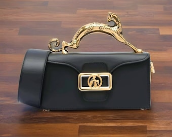 French Lanvin Rectangular Designer Handbag For Women|Lanvin Black Small Luxury Purse|Lanvin Metal Handle Leather Shoulder Bag|Gift For Her
