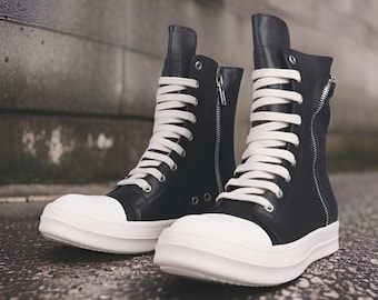 Rick!!!! Owens Leather Black Unisex Shoes|Rick Owens Avant Garde Designer Sneakers|Rick Owens Black Streetwear Cross Tied Boots|Gift For Him
