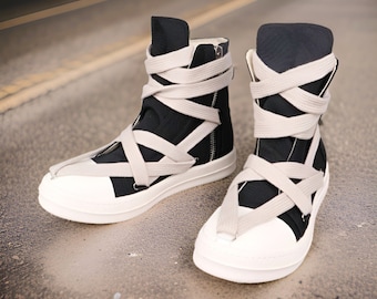 Rick Owens Dr Martins Unisex Shoes|Rick Owens Avant Garde Designer Sneakers|Rick Owens Black Thick Laces Pentagram canvas Boots|Gift For Him
