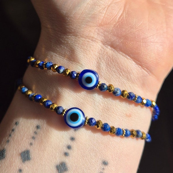 Bracelet protection oeil turc pierre naturelle Lapis Lazuli création idée cadeau original unique fait main