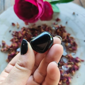 Peut inclure: Une pierre précieuse noire, lisse et polie, en forme de larme, tenue dans une main.