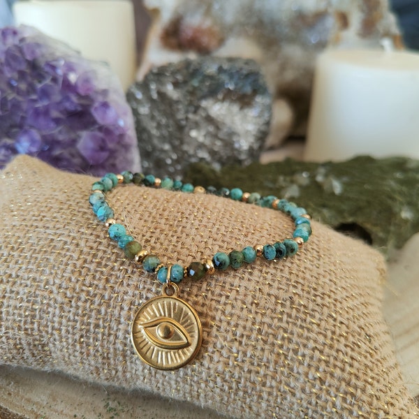 Bracelet en pierre fine naturelle turquoise africain perles facettées plaqué or oeil protection
