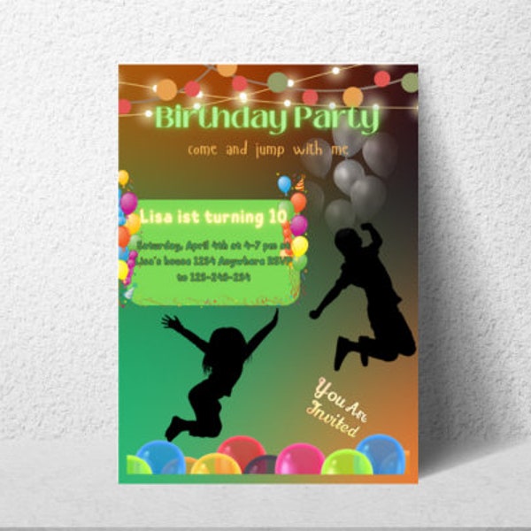 editable Jump Birthday Invitation Template, Printable Birthday Party Invitations, Digital Kids Party Invite, 5x7, Canva