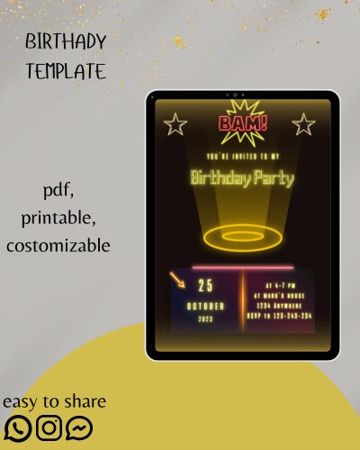Editable Cool Neon Birthday Invitation Template, Printable Birthday ...