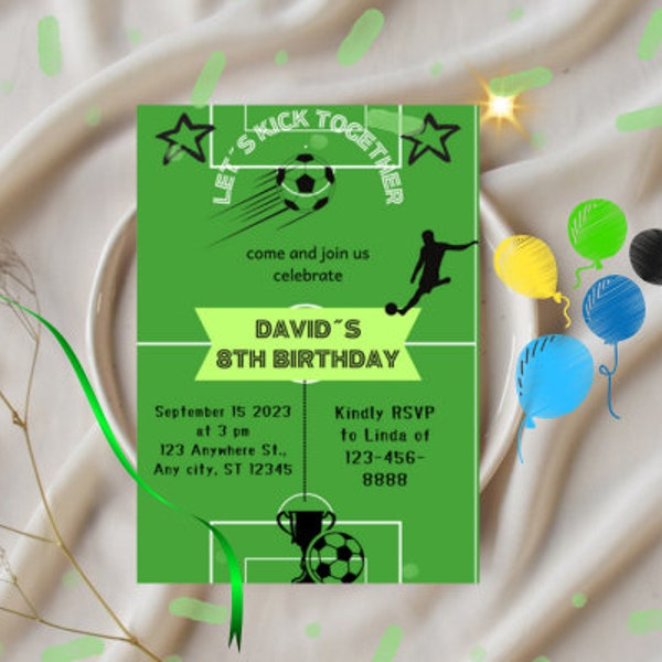 editable soccer Birthday Invitation Template, Printable Birthday Party Invitations, Digital Kids Party Invite, 5x7, Canva template